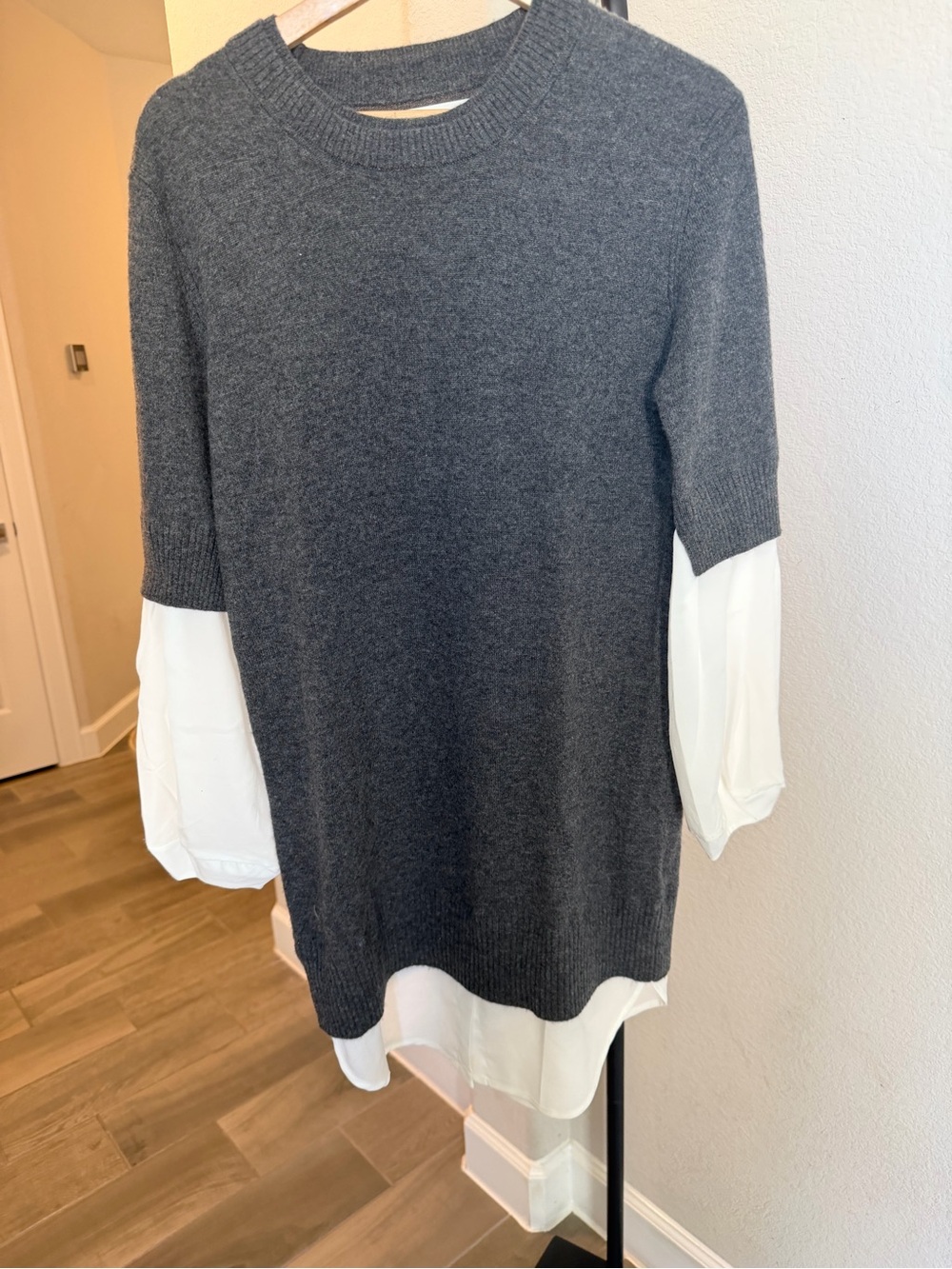 Brochu Walker Charcoal Gray Layered Sweater Top with White Shirt Detail